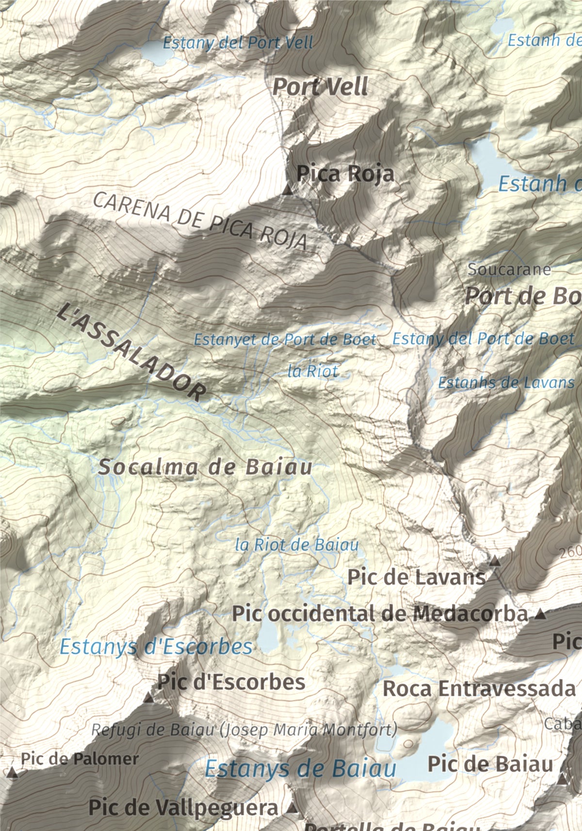 Mapa de relieve de Comapedrosa, 2942 m, Andorra, lámina 100 Cims de Trobart. Detalle de la zona superior izquierda. 21 × 30 cm.