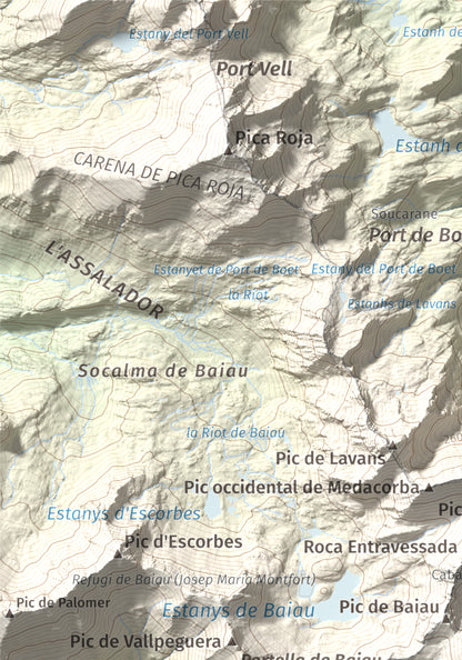 Mapa de relieve de Comapedrosa, 2942 m, Andorra, lámina 100 Cims de Trobart. Detalle de la zona superior izquierda. 21 × 30 cm.