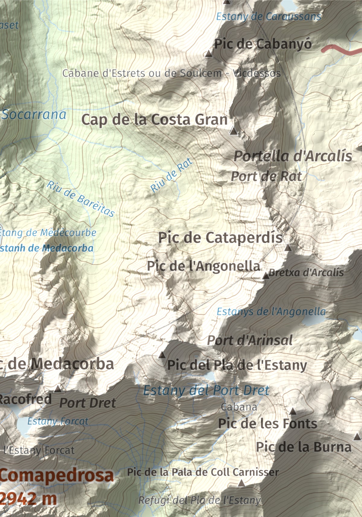 Mapa de relieve de Comapedrosa, 2942 m, Andorra, lámina 100 Cims de Trobart. Detalle de la zona superior derecha. 21 × 30 cm.
