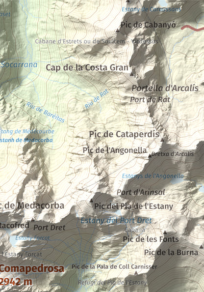 Mapa de relieve de Comapedrosa, 2942 m, Andorra, lámina 100 Cims de Trobart. Detalle de la zona superior derecha. 21 × 30 cm.