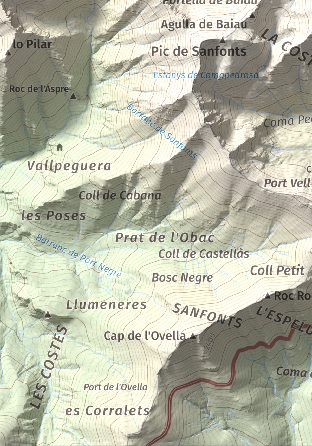 Mapa de relieve de Comapedrosa, 2942 m, Andorra, lámina 100 Cims de Trobart. Detalle de la zona inferior izquierda. 21 × 30 cm.