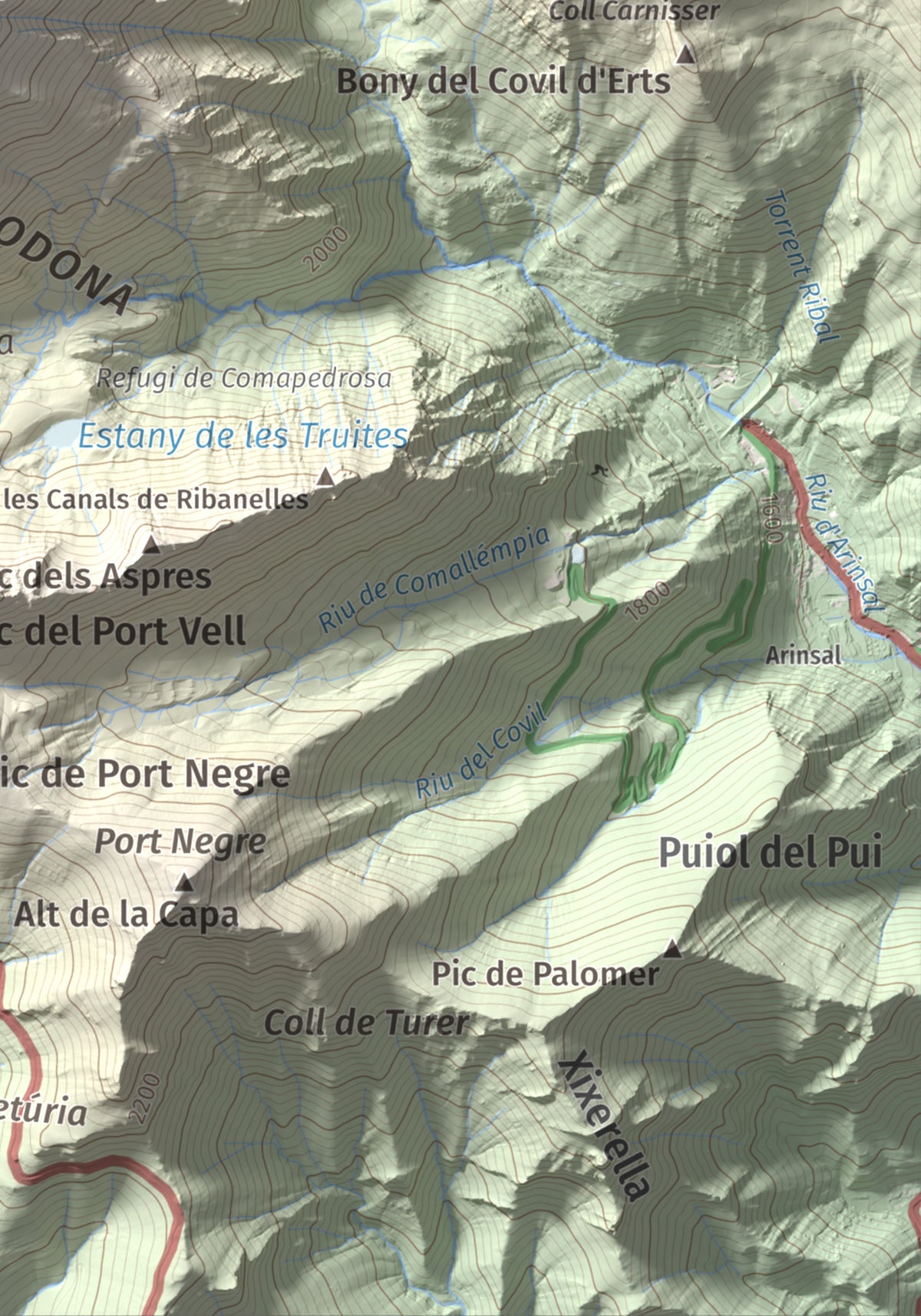 Mapa de relieve de Comapedrosa, 2942 m, Andorra, lámina 100 Cims de Trobart. Detalle de la zona inferior derecha. 21 × 30 cm.