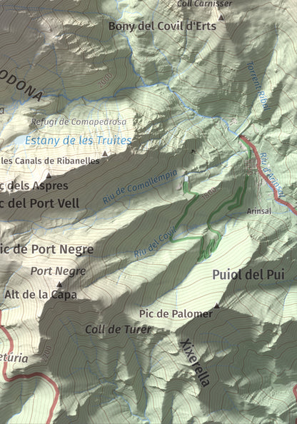 Mapa de relieve de Comapedrosa, 2942 m, Andorra, lámina 100 Cims de Trobart. Detalle de la zona inferior derecha. 21 × 30 cm.