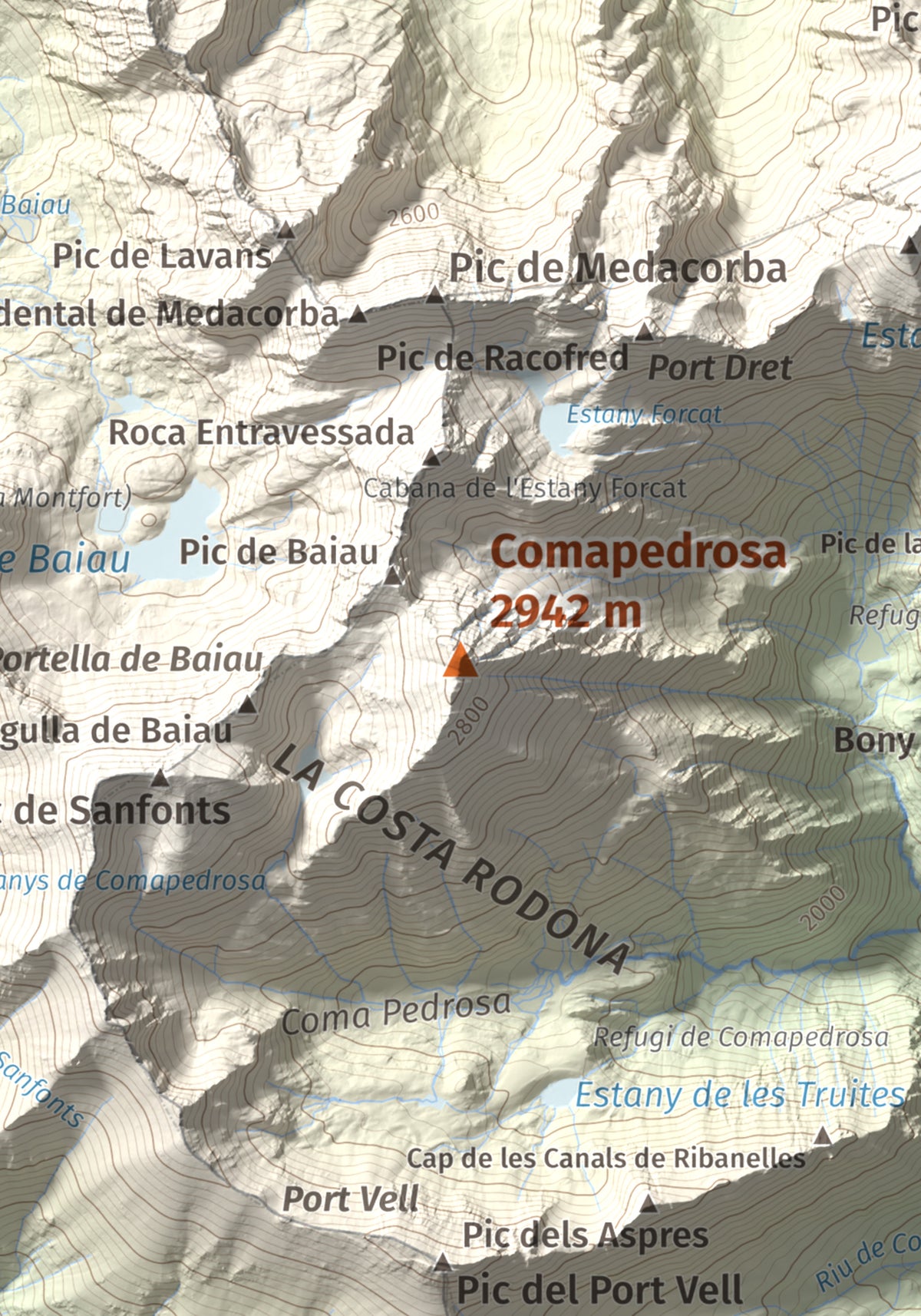 Mapa de relieve de Comapedrosa, 2942 m, Andorra, lámina 100 Cims de Trobart. Detalle de la zona central. 21 × 30 cm.