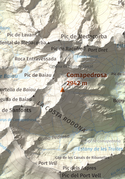 Mapa de relieve de Comapedrosa, 2942 m, Andorra, lámina 100 Cims de Trobart. Detalle de la zona central. 21 × 30 cm.