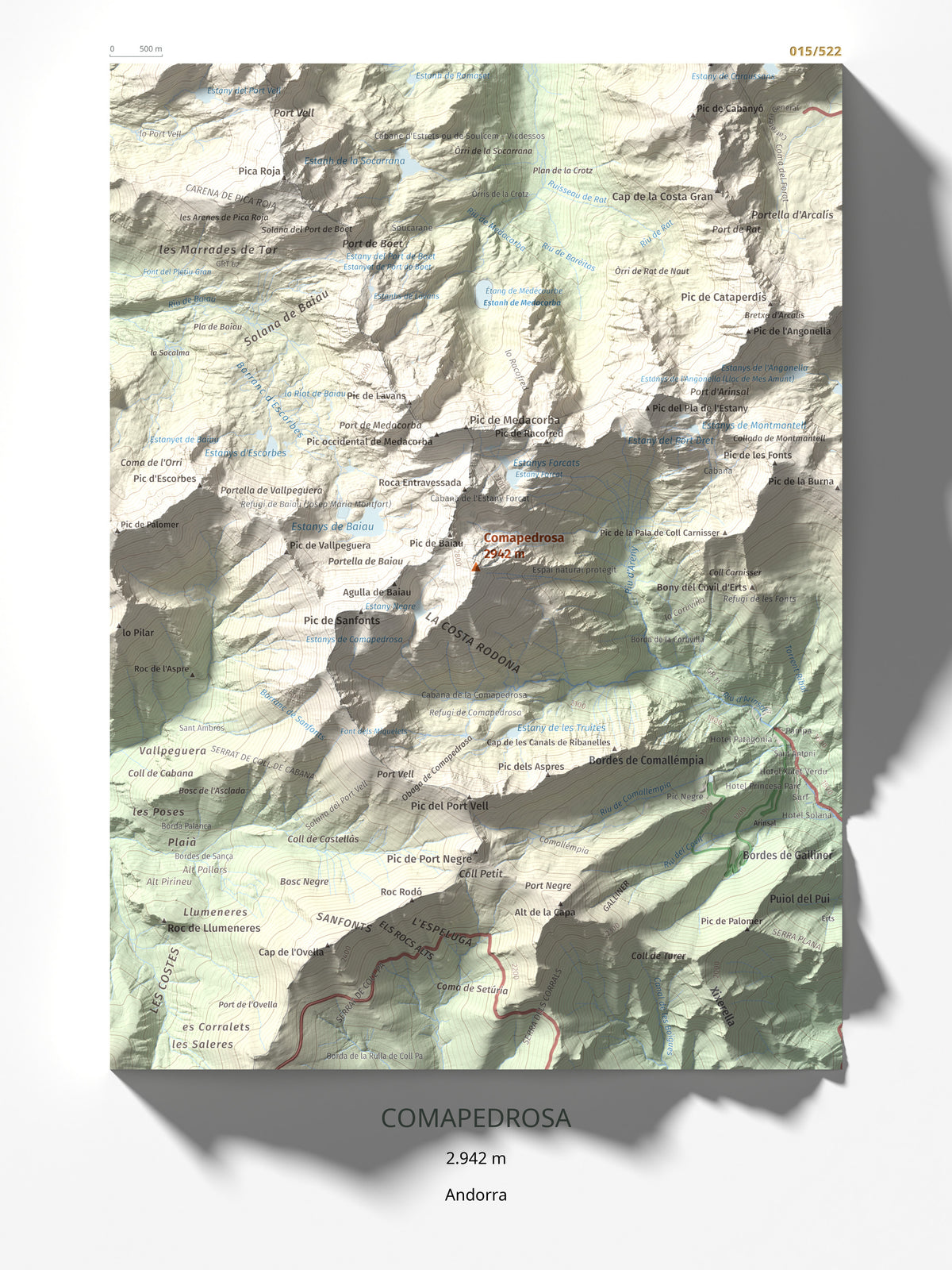 Mapa de relieve de Comapedrosa, 2942 m, Andorra, lámina 100 Cims de Trobart 30 × 40 cm.