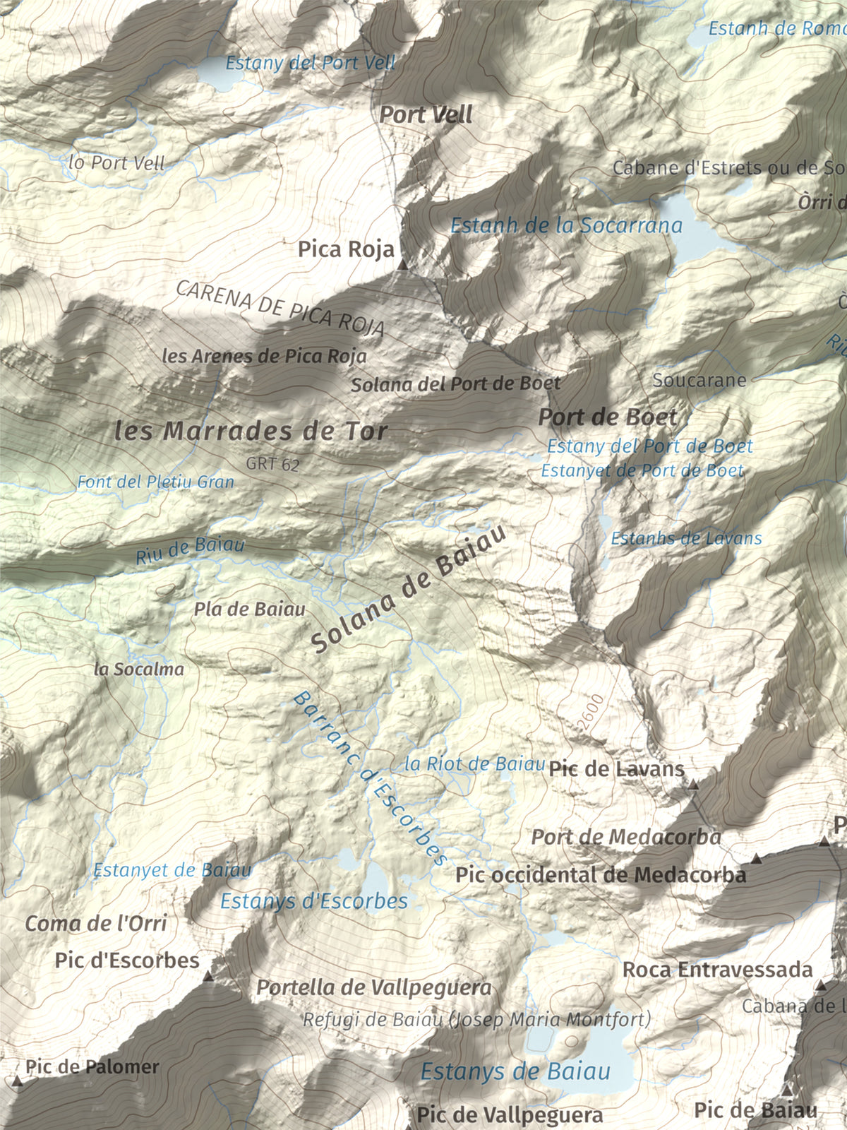 Mapa de relieve de Comapedrosa, 2942 m, Andorra, lámina 100 Cims de Trobart. Detalle de la zona superior izquierda. 30 × 40 cm.