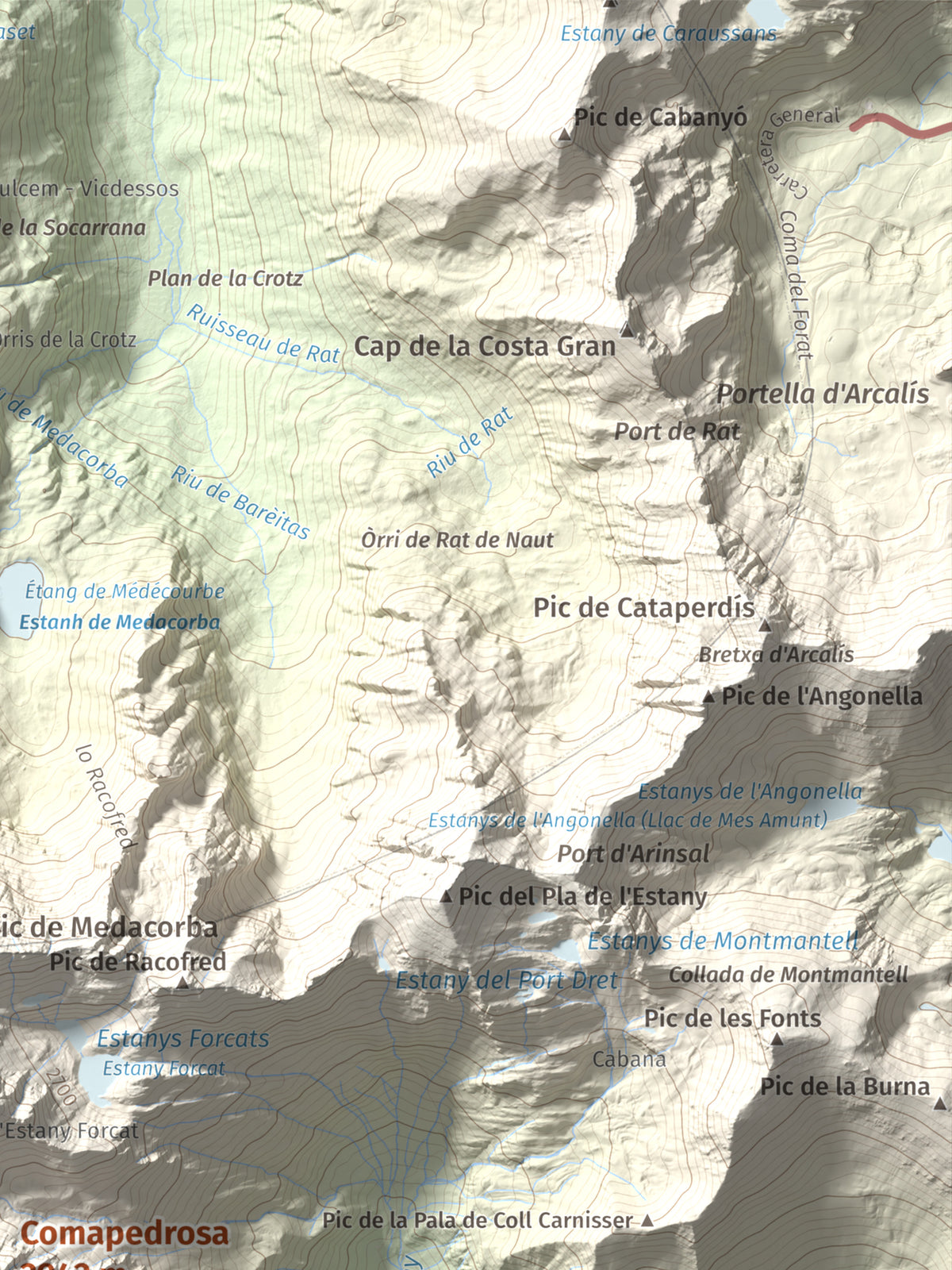 Mapa de relieve de Comapedrosa, 2942 m, Andorra, lámina 100 Cims de Trobart. Detalle de la zona superior derecha. 30 × 40 cm.