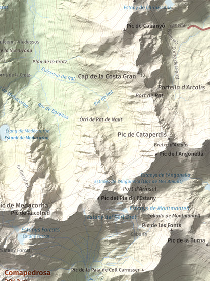 Mapa de relieve de Comapedrosa, 2942 m, Andorra, lámina 100 Cims de Trobart. Detalle de la zona superior derecha. 30 × 40 cm.