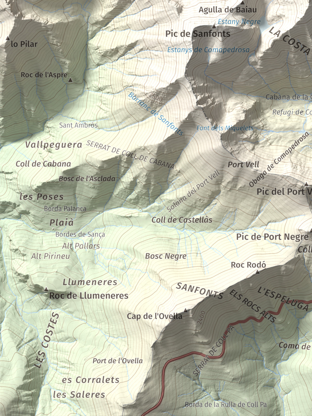 Mapa de relieve de Comapedrosa, 2942 m, Andorra, lámina 100 Cims de Trobart. Detalle de la zona inferior izquierda. 30 × 40 cm.