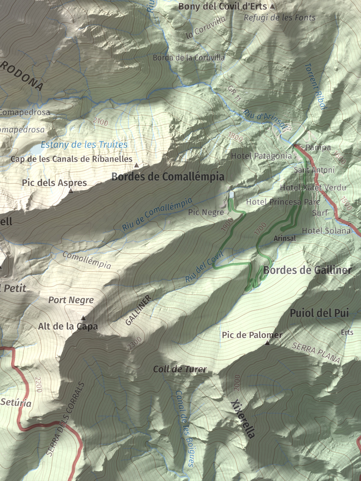 Mapa de relieve de Comapedrosa, 2942 m, Andorra, lámina 100 Cims de Trobart. Detalle de la zona inferior derecha. 30 × 40 cm.