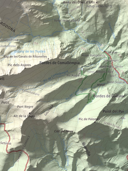 Mapa de relieve de Comapedrosa, 2942 m, Andorra, lámina 100 Cims de Trobart. Detalle de la zona inferior derecha. 30 × 40 cm.