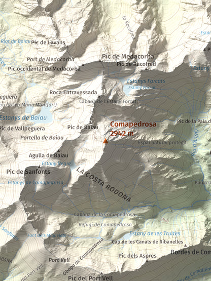 Mapa de relieve de Comapedrosa, 2942 m, Andorra, lámina 100 Cims de Trobart. Detalle de la zona central. 30 × 40 cm.