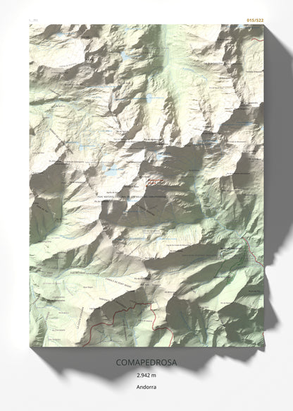 Mapa de relieve de Comapedrosa, 2942 m, Andorra, lámina 100 Cims de Trobart 50 × 70 cm.