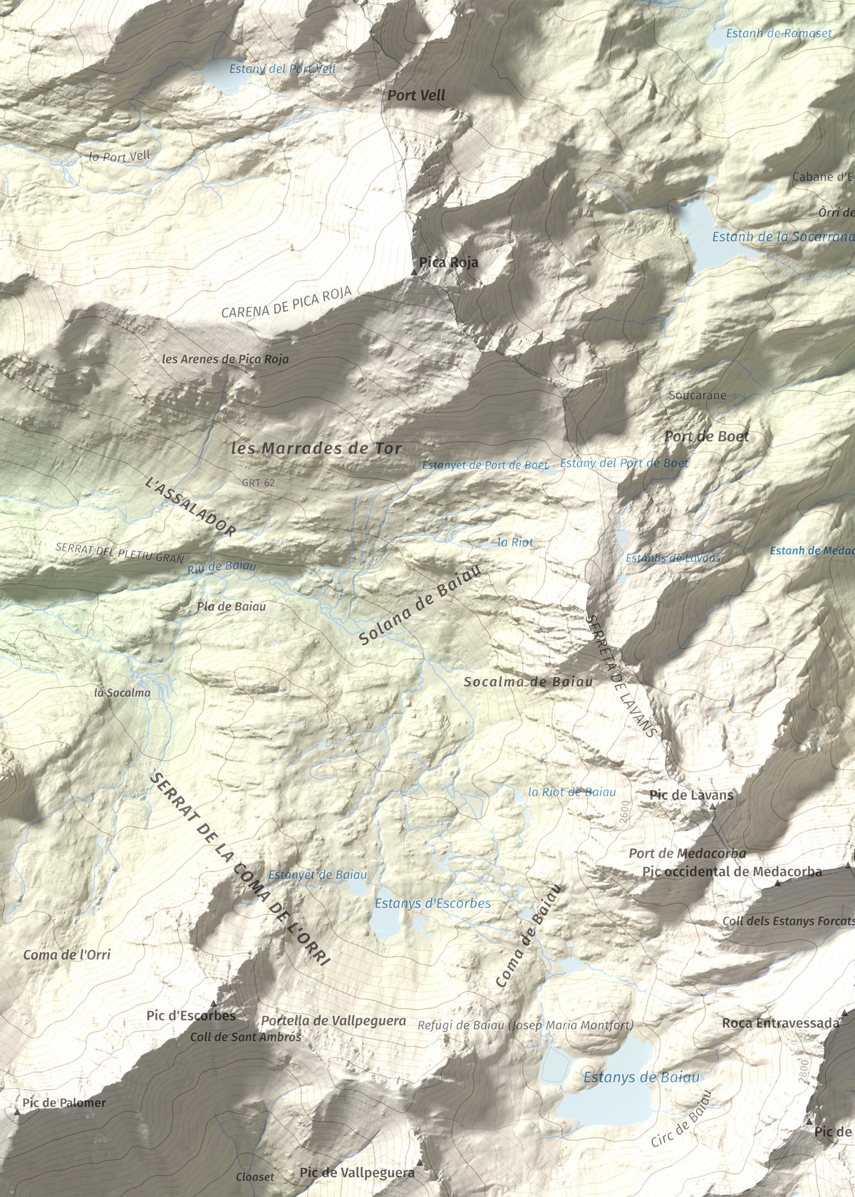 Mapa de relieve de Comapedrosa, 2942 m, Andorra, lámina 100 Cims de Trobart. Detalle de la zona superior izquierda. 50 × 70 cm.