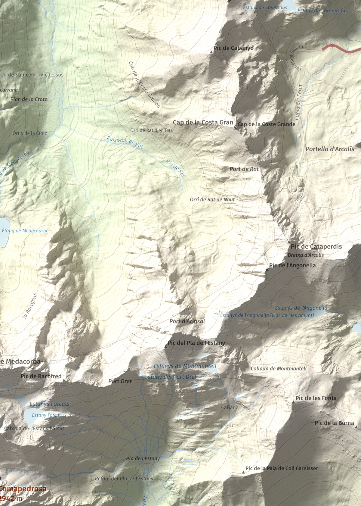 Mapa de relieve de Comapedrosa, 2942 m, Andorra, lámina 100 Cims de Trobart. Detalle de la zona superior derecha. 50 × 70 cm.