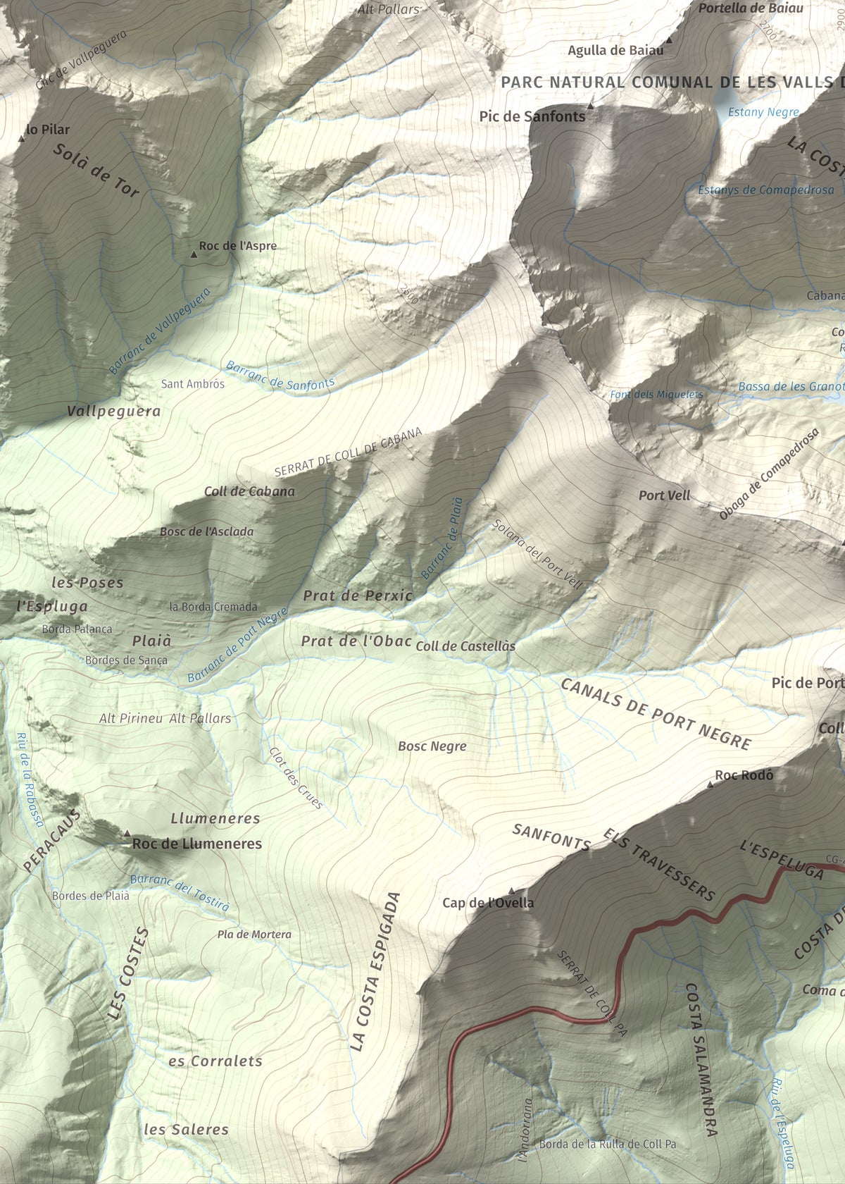 Mapa de relieve de Comapedrosa, 2942 m, Andorra, lámina 100 Cims de Trobart. Detalle de la zona inferior izquierda. 50 × 70 cm.