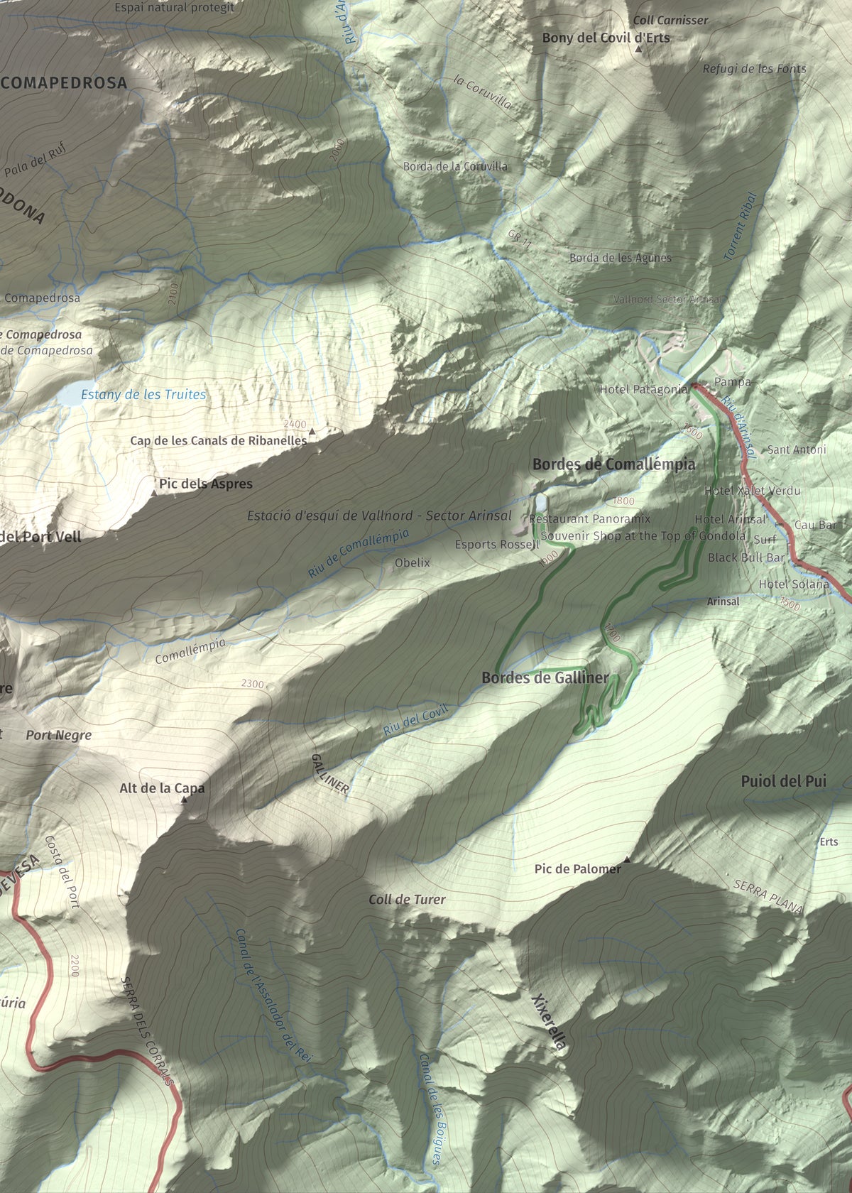 Mapa de relieve de Comapedrosa, 2942 m, Andorra, lámina 100 Cims de Trobart. Detalle de la zona inferior derecha. 50 × 70 cm.