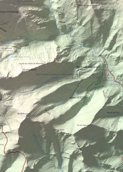 Mapa de relieve de Comapedrosa, 2942 m, Andorra, lámina 100 Cims de Trobart. Detalle de la zona inferior derecha. 50 × 70 cm.