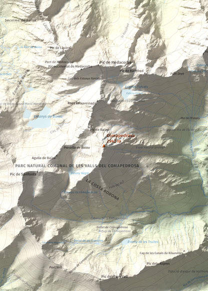 Mapa de relieve de Comapedrosa, 2942 m, Andorra, lámina 100 Cims de Trobart. Detalle de la zona central. 50 × 70 cm.