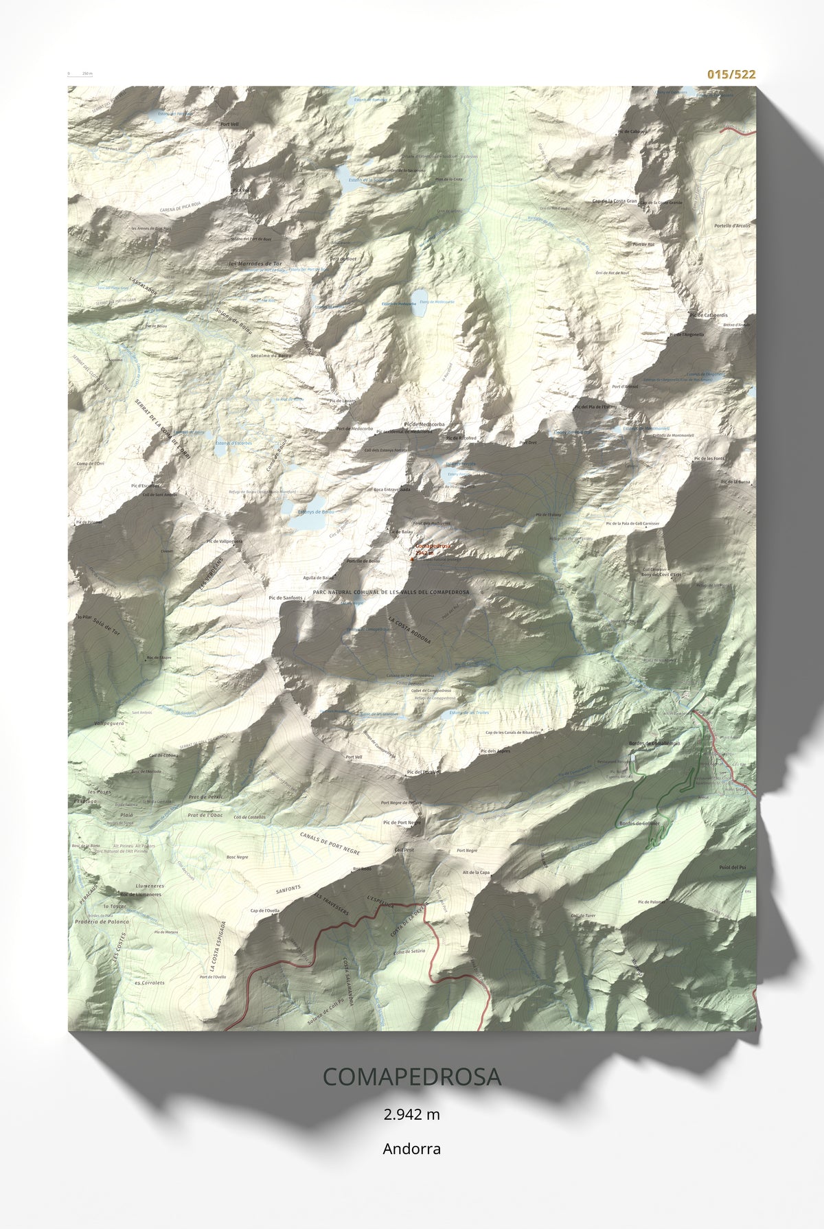 Mapa de relieve de Comapedrosa, 2942 m, Andorra, lámina 100 Cims de Trobart 61 × 91 cm.