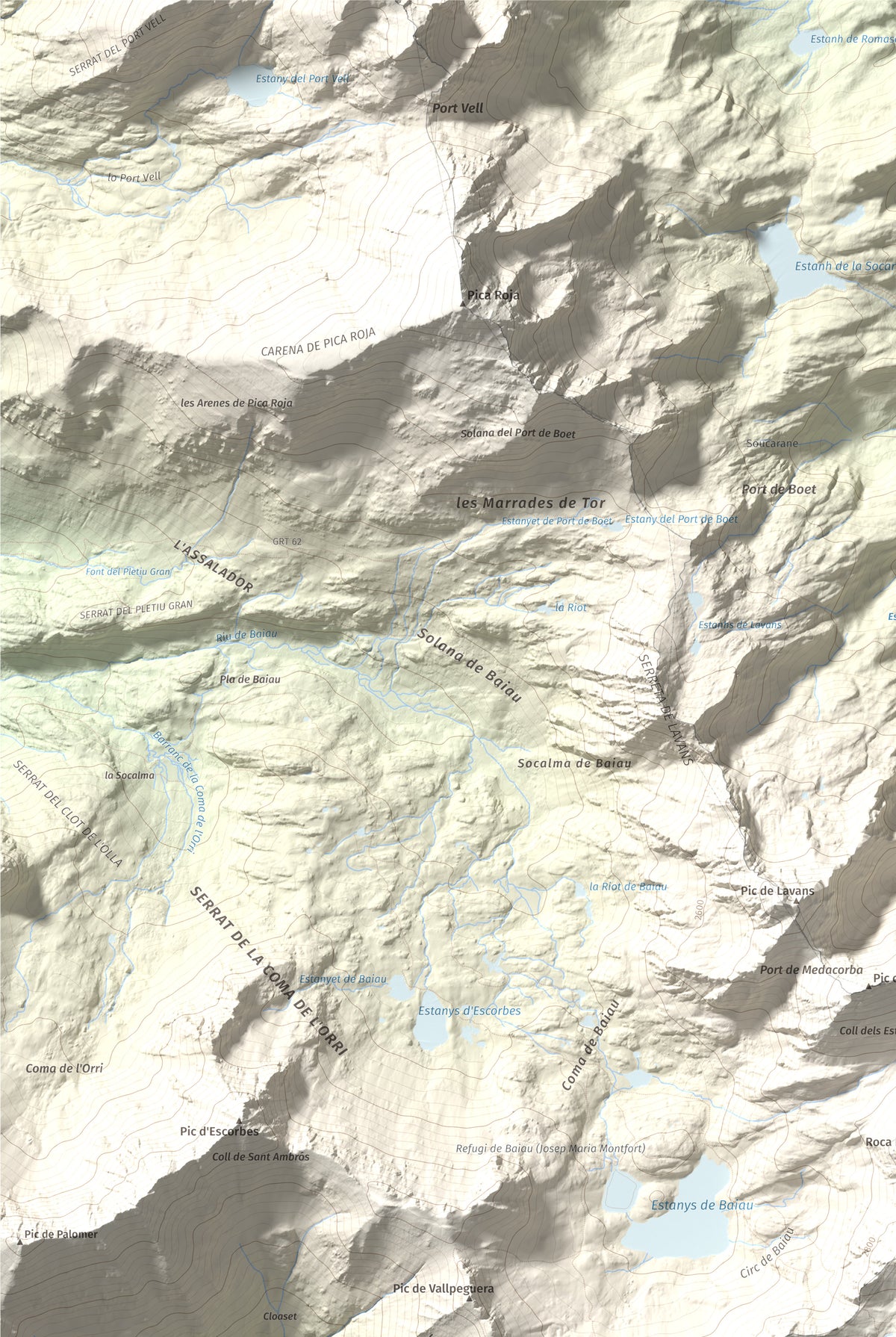 Mapa de relieve de Comapedrosa, 2942 m, Andorra, lámina 100 Cims de Trobart. Detalle de la zona superior izquierda. 61 × 91 cm.