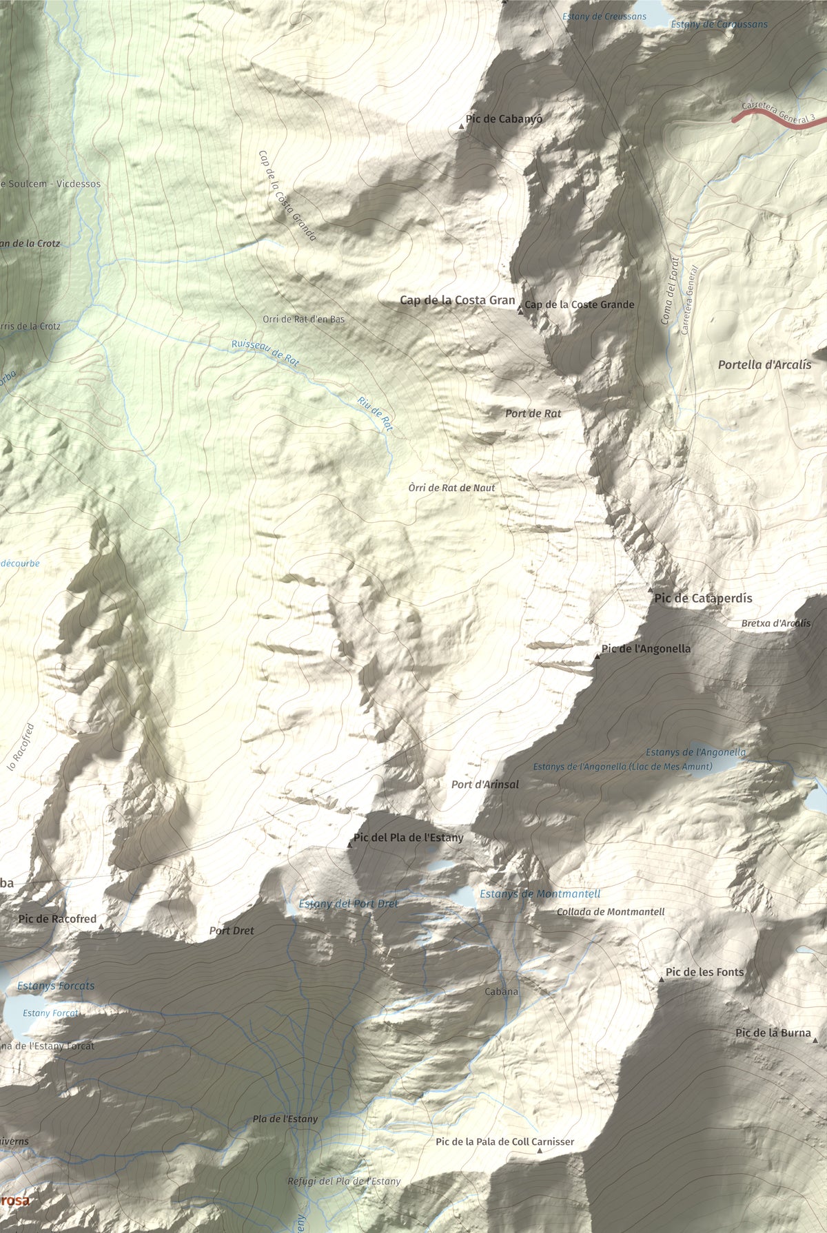 Mapa de relieve de Comapedrosa, 2942 m, Andorra, lámina 100 Cims de Trobart. Detalle de la zona superior derecha. 61 × 91 cm.