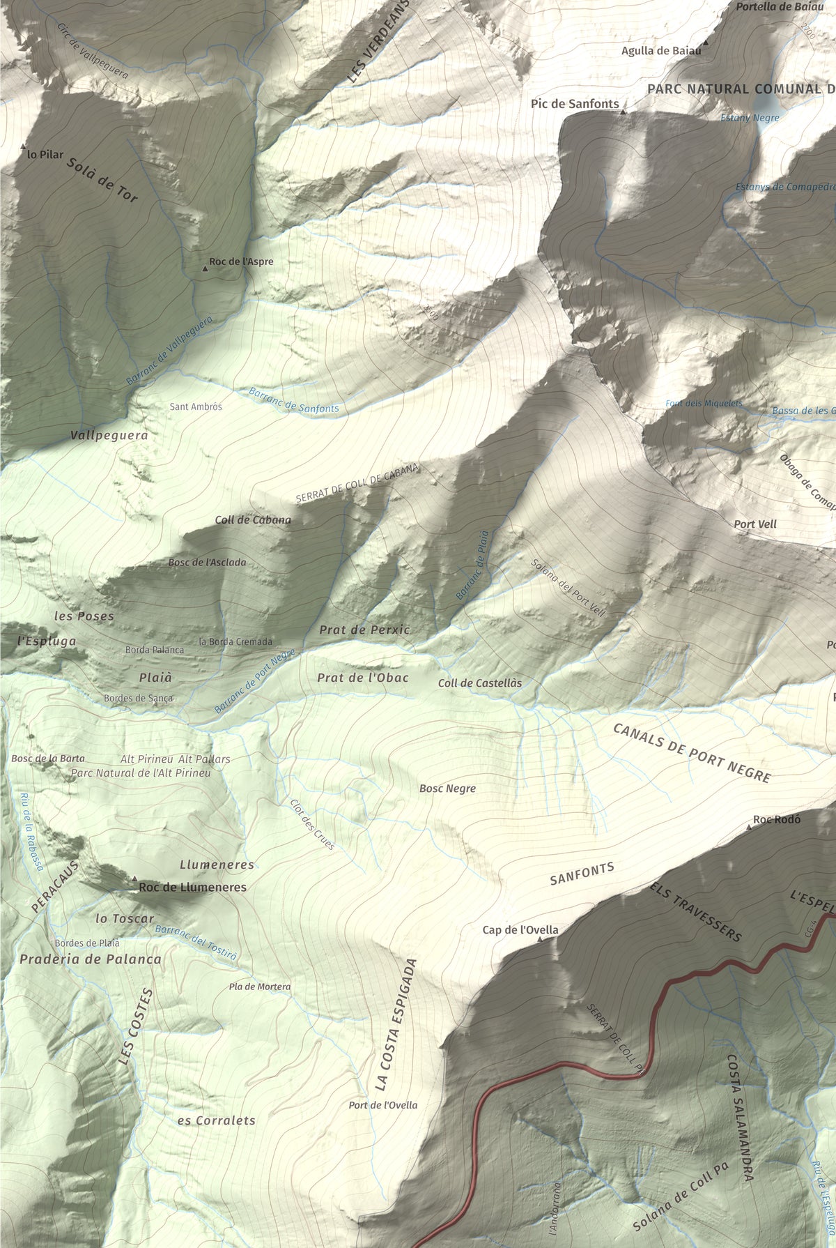 Mapa de relieve de Comapedrosa, 2942 m, Andorra, lámina 100 Cims de Trobart. Detalle de la zona inferior izquierda. 61 × 91 cm.