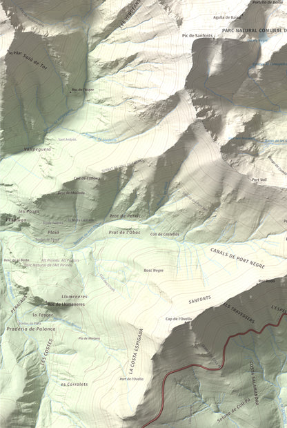 Mapa de relieve de Comapedrosa, 2942 m, Andorra, lámina 100 Cims de Trobart. Detalle de la zona inferior izquierda. 61 × 91 cm.