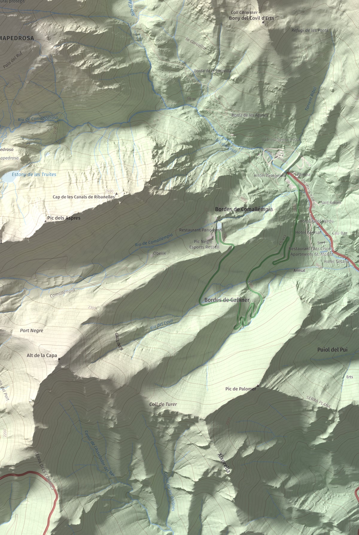 Mapa de relieve de Comapedrosa, 2942 m, Andorra, lámina 100 Cims de Trobart. Detalle de la zona inferior derecha. 61 × 91 cm.