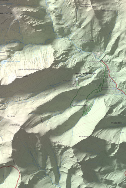 Mapa de relieve de Comapedrosa, 2942 m, Andorra, lámina 100 Cims de Trobart. Detalle de la zona inferior derecha. 61 × 91 cm.