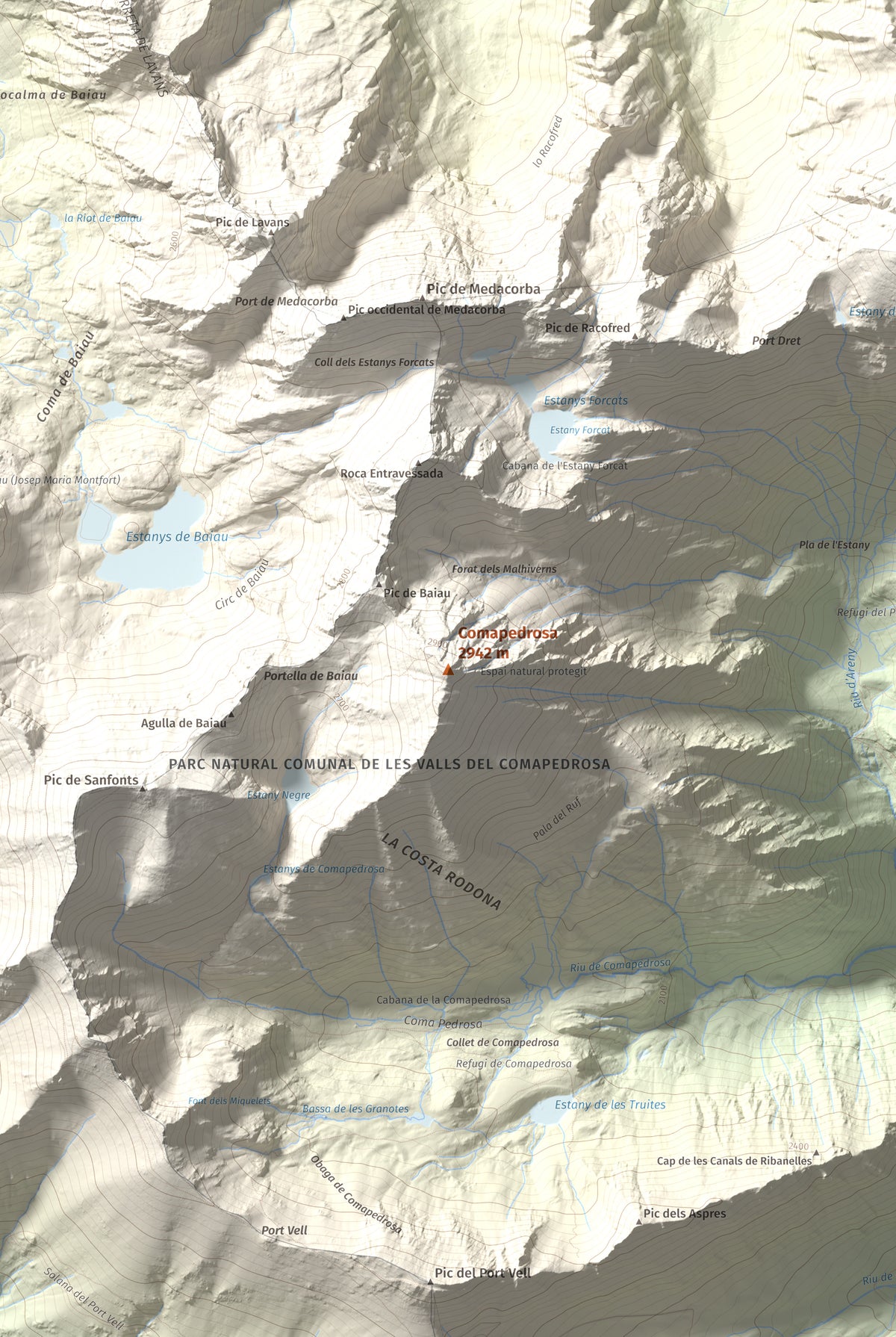 Mapa de relieve de Comapedrosa, 2942 m, Andorra, lámina 100 Cims de Trobart. Detalle de la zona central. 61 × 91 cm.