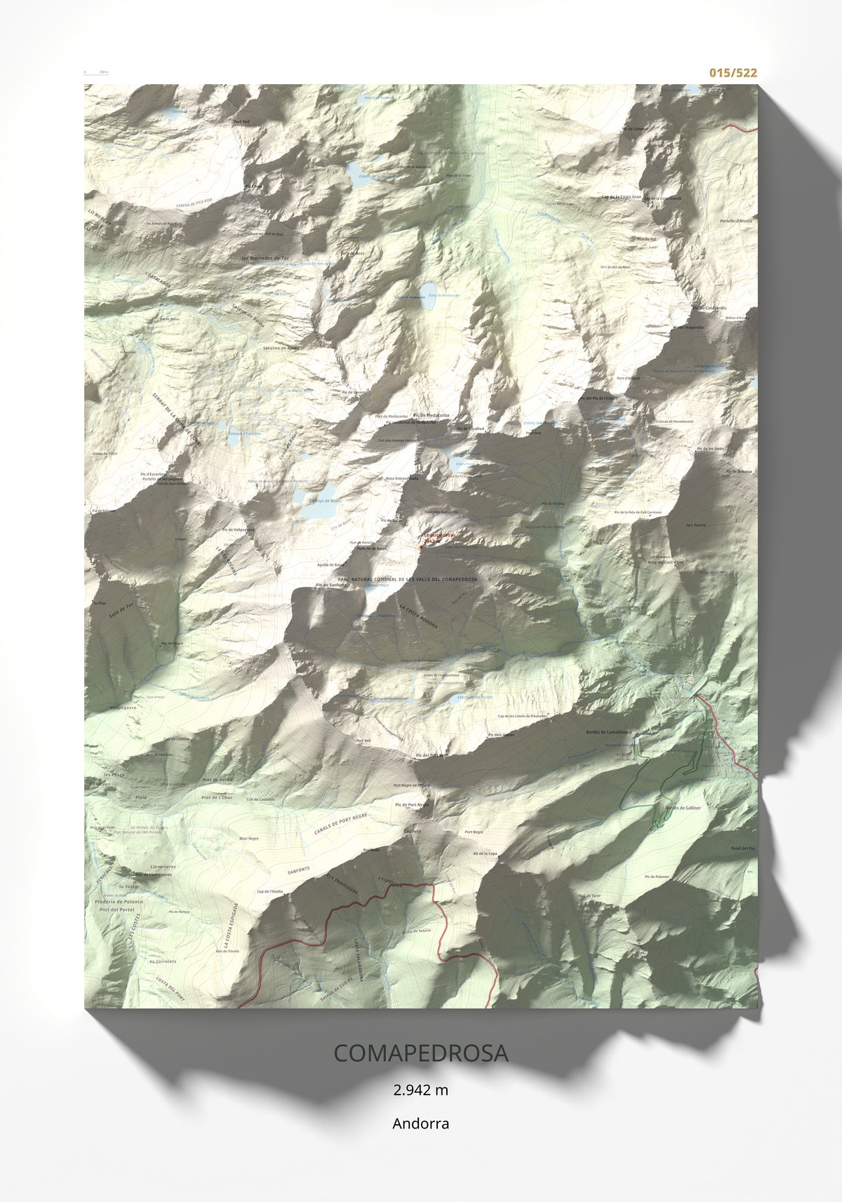 Mapa de relieve de Comapedrosa, 2942 m, Andorra, lámina 100 Cims de Trobart 70 × 100 cm.