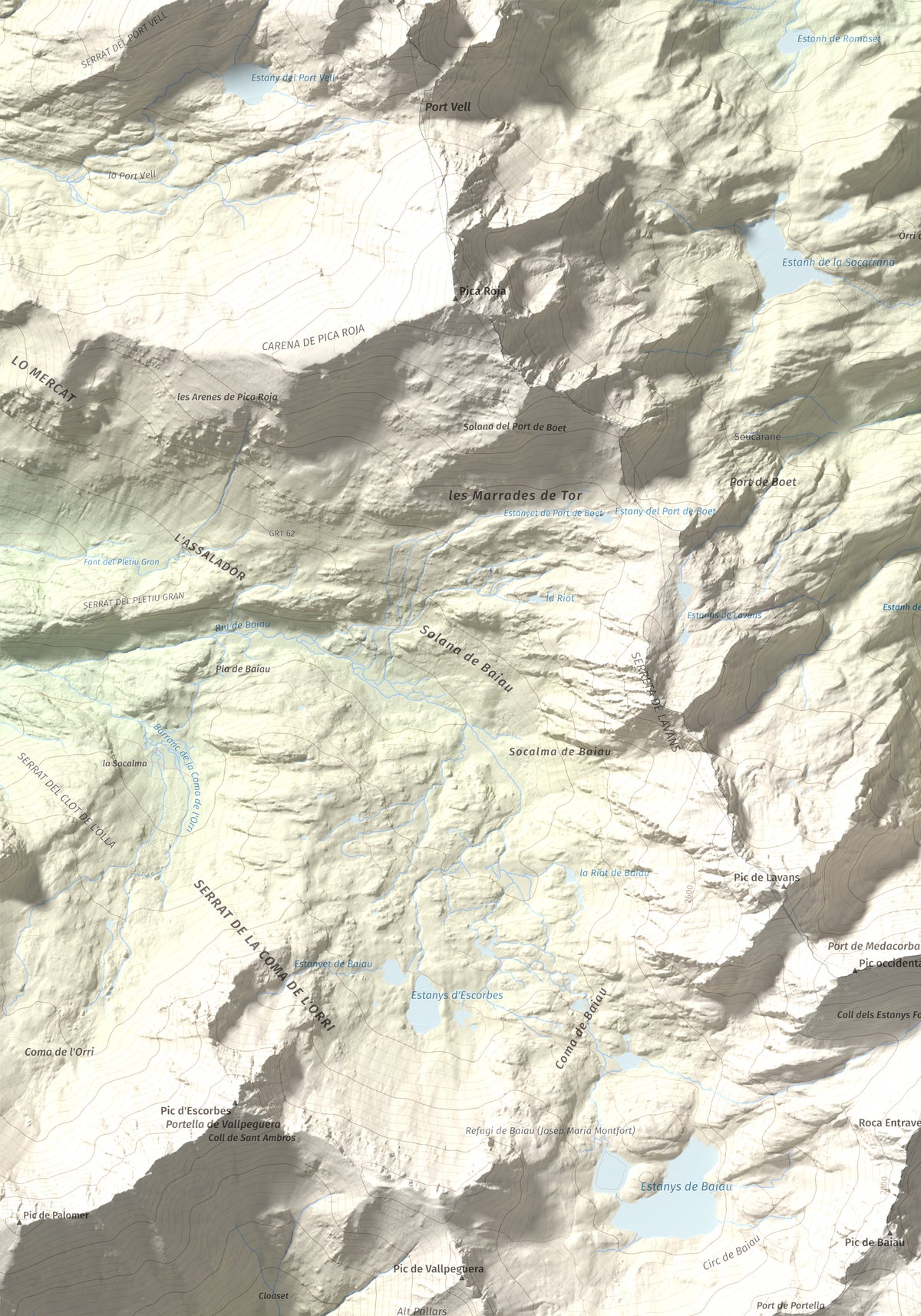 Mapa de relieve de Comapedrosa, 2942 m, Andorra, lámina 100 Cims de Trobart. Detalle de la zona superior izquierda. 70 × 100 cm.