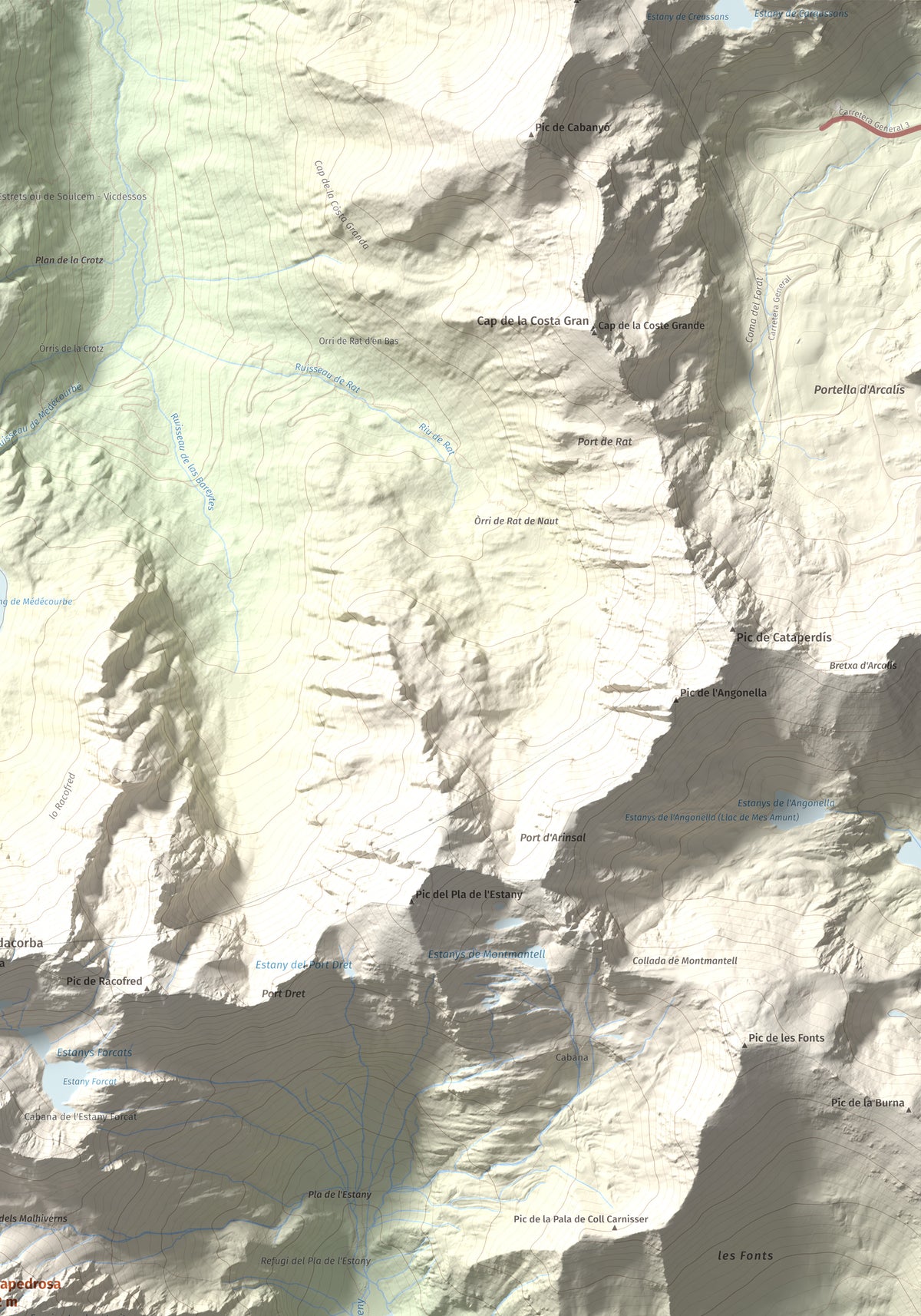 Mapa de relieve de Comapedrosa, 2942 m, Andorra, lámina 100 Cims de Trobart. Detalle de la zona superior derecha. 70 × 100 cm.