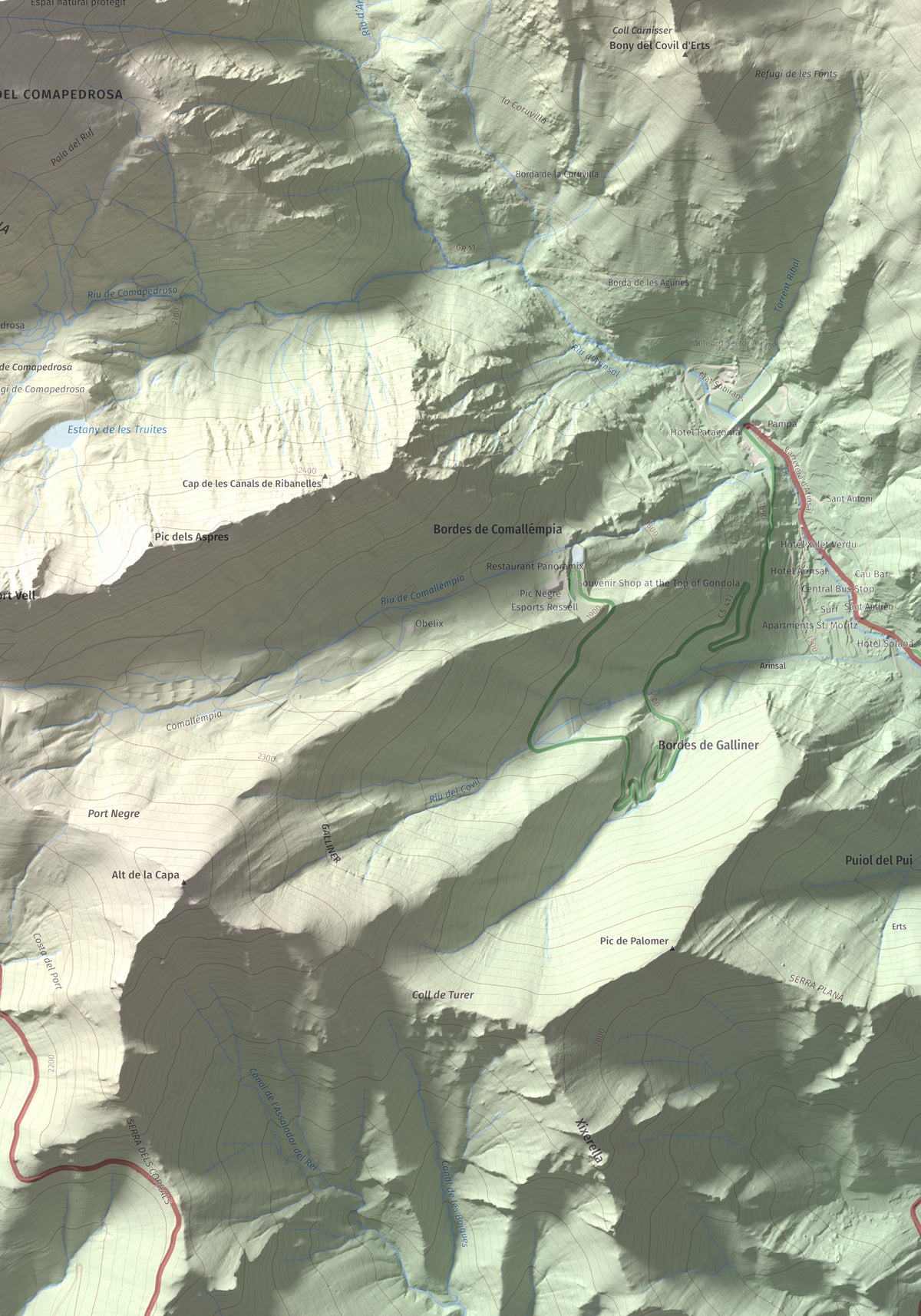 Mapa de relieve de Comapedrosa, 2942 m, Andorra, lámina 100 Cims de Trobart. Detalle de la zona inferior derecha. 70 × 100 cm.