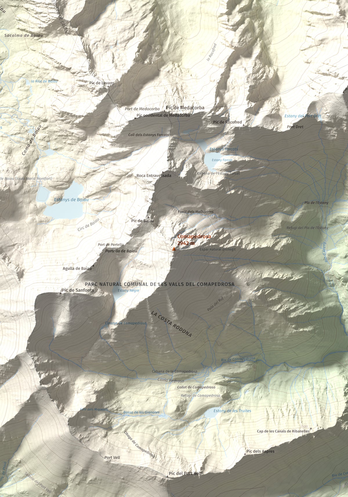Mapa de relieve de Comapedrosa, 2942 m, Andorra, lámina 100 Cims de Trobart. Detalle de la zona central. 70 × 100 cm.