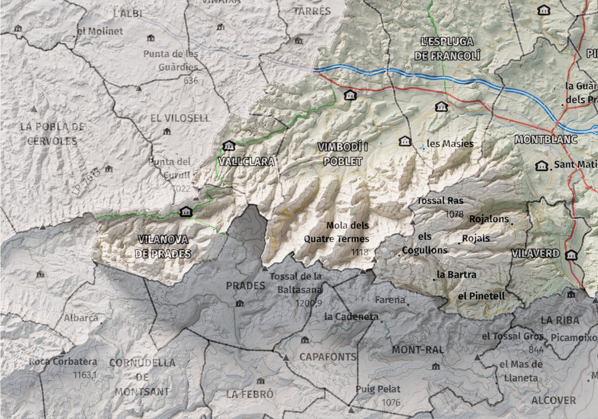 Mapa de relieve de la Conca de Barberà, con el territorio en color y el entorno en blanco. Detalle de la zona inferior izquierda. 21 × 30 cm. Estilo Cartográfico.