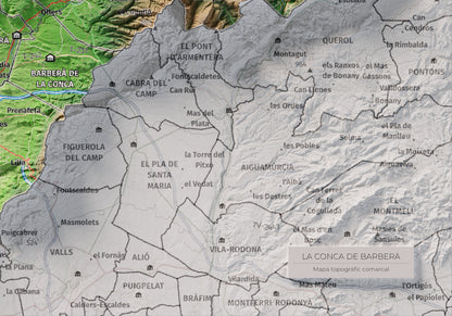 Mapa de relieve de la Conca de Barberà, con el territorio en color y el entorno en blanco. Detalle de la zona inferior derecha. 21 × 30 cm. Estilo Clásico.