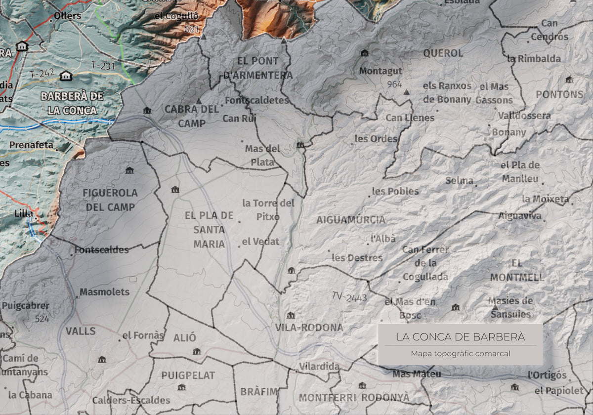 Mapa de relieve de la Conca de Barberà, con el territorio en color y el entorno en blanco. Detalle de la zona inferior derecha. 21 × 30 cm. Estilo Azul y naranja.