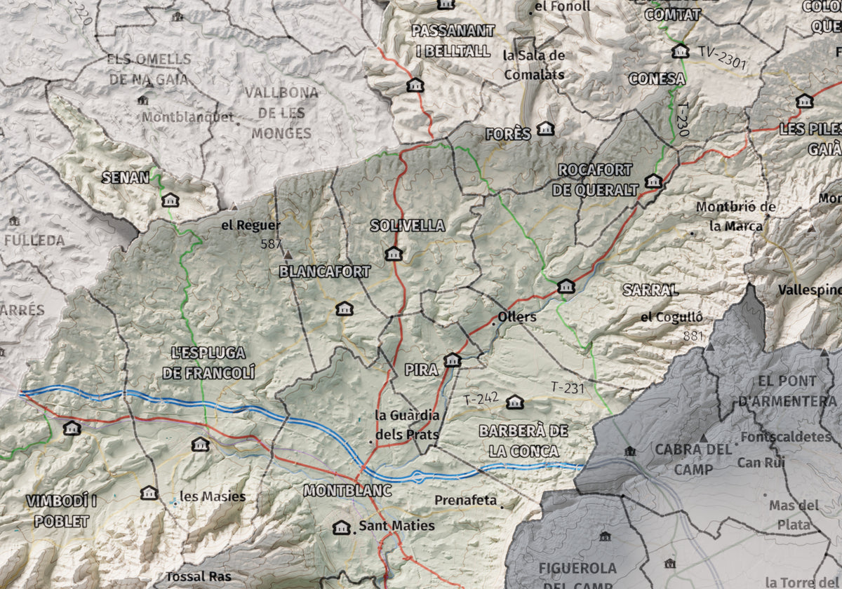 Mapa de relieve de la Conca de Barberà, con el territorio en color y el entorno en blanco. Detalle de la zona central. 21 × 30 cm. Estilo Cartográfico.