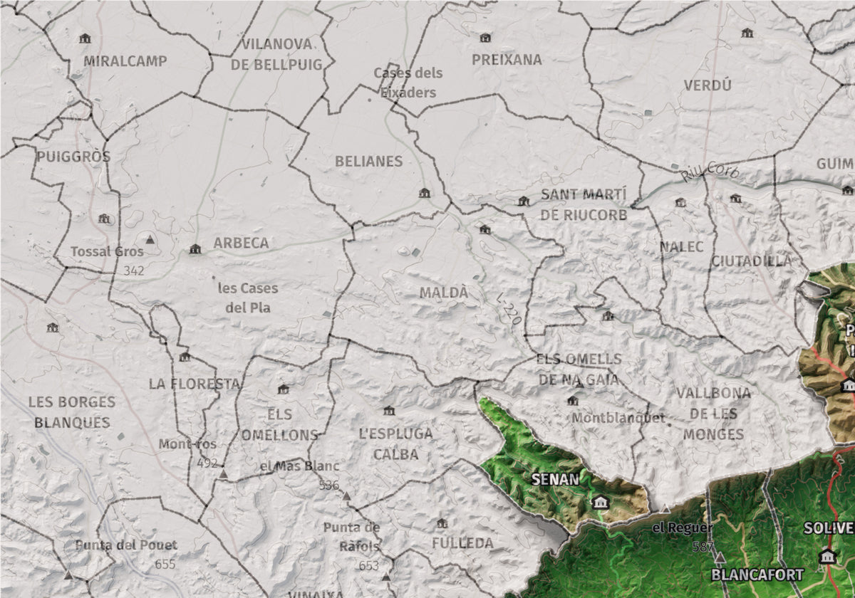 Mapa de relieve de la Conca de Barberà, con el territorio en color y el entorno en blanco. Detalle de la zona superior izquierda. 21 × 30 cm. Estilo Clásico.