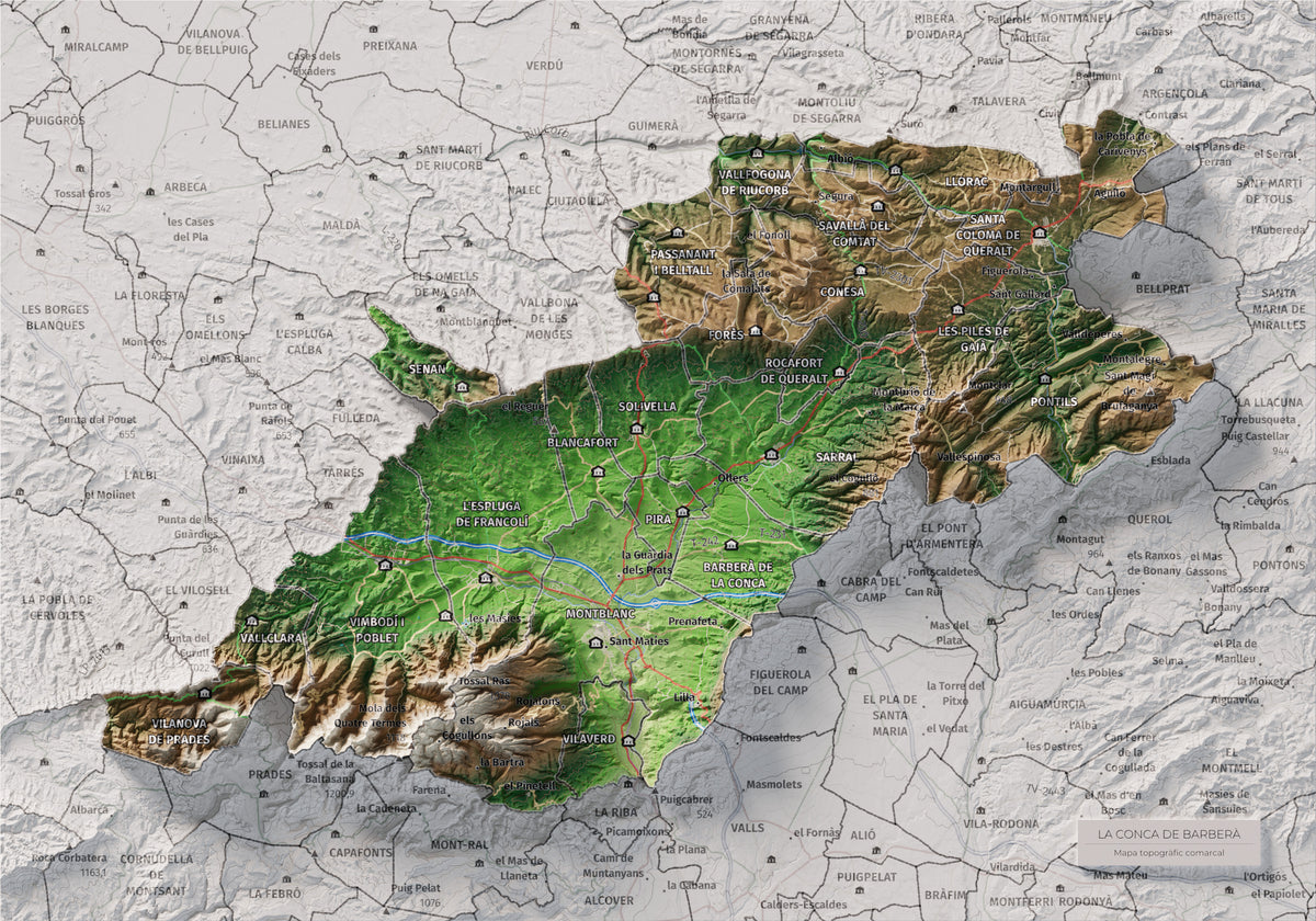 Mapa de relieve de la Conca de Barberà, con el territorio en color y el entorno en blanco. Vista completa de la lámina. 21 × 30 cm. Estilo Clásico.