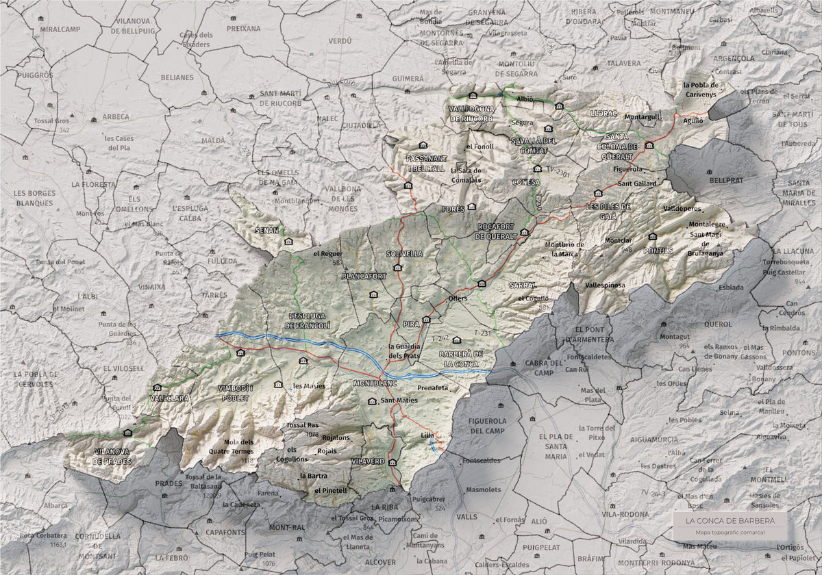 Mapa de relieve de la Conca de Barberà, con el territorio en color y el entorno en blanco. Vista completa de la lámina. 21 × 30 cm. Estilo Cartográfico.