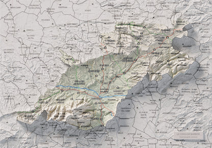 Mapa de relieve de la Conca de Barberà, con el territorio en color y el entorno en blanco. Vista completa de la lámina. 21 × 30 cm. Estilo Cartográfico.