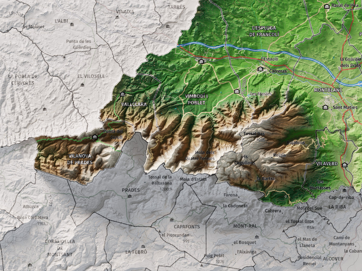 Mapa de relieve de la Conca de Barberà, con el territorio en color y el entorno en blanco. Detalle de la zona inferior izquierda. 30 × 40 cm. Estilo Clásico.