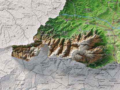 Mapa de relieve de la Conca de Barberà, con el territorio en color y el entorno en blanco. Detalle de la zona inferior izquierda. 30 × 40 cm. Estilo Clásico.