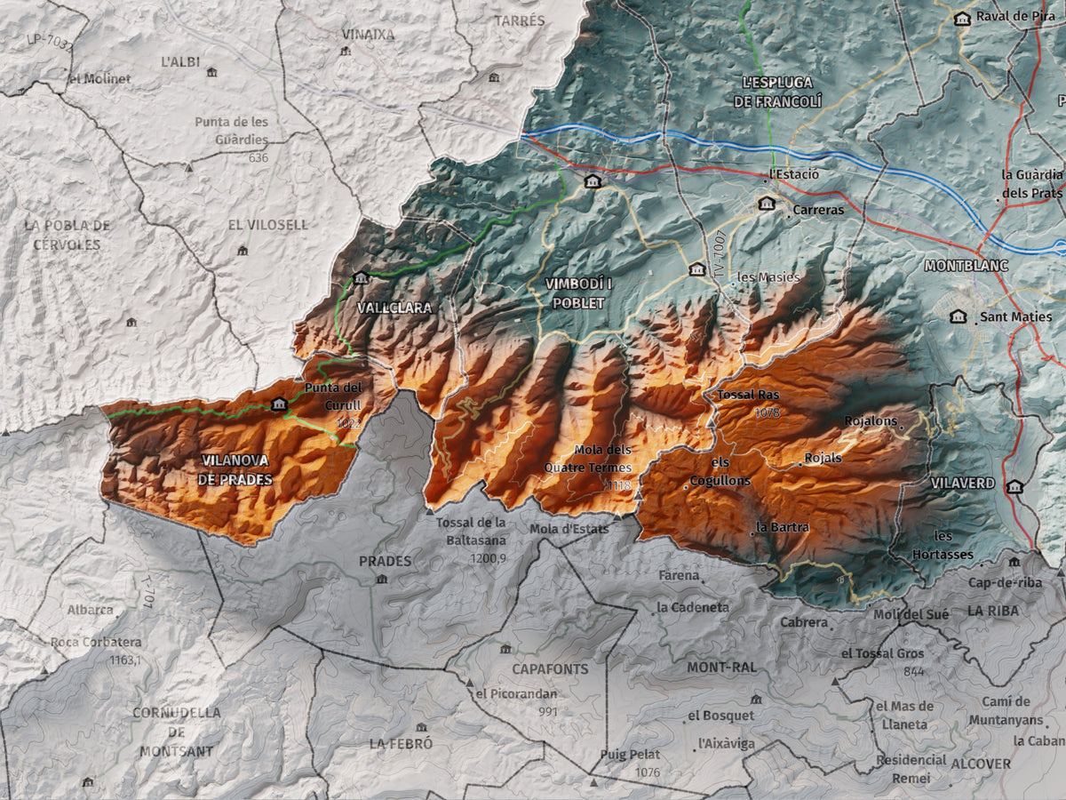 Mapa de relieve de la Conca de Barberà, con el territorio en color y el entorno en blanco. Detalle de la zona inferior izquierda. 30 × 40 cm. Estilo Azul y naranja.