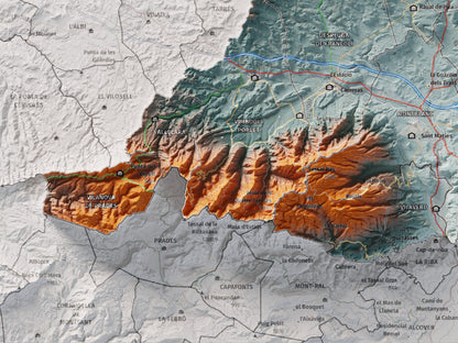 Mapa de relieve de la Conca de Barberà, con el territorio en color y el entorno en blanco. Detalle de la zona inferior izquierda. 30 × 40 cm. Estilo Azul y naranja.