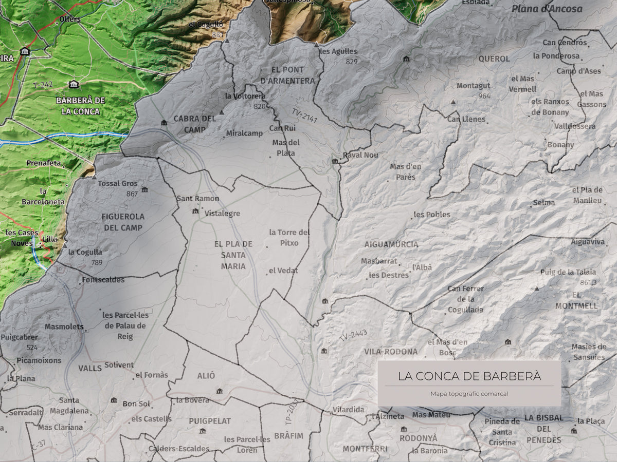 Mapa de relieve de la Conca de Barberà, con el territorio en color y el entorno en blanco. Detalle de la zona inferior derecha. 30 × 40 cm. Estilo Clásico.
